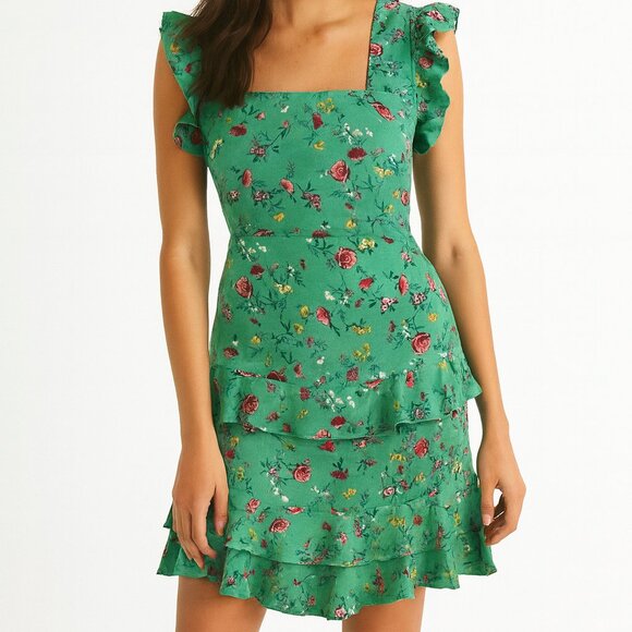 BOG Lottie & Holly Green Floral Boho Tiered Ruffle Mini Sleeveless Dress NWT XS - Picture 1 of 10